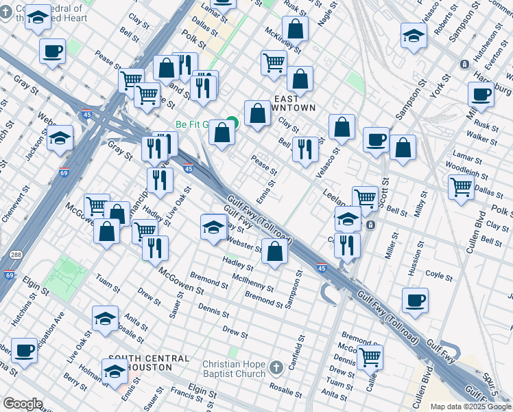 map of restaurants, bars, coffee shops, grocery stores, and more near 1887 Ennis Street in Houston