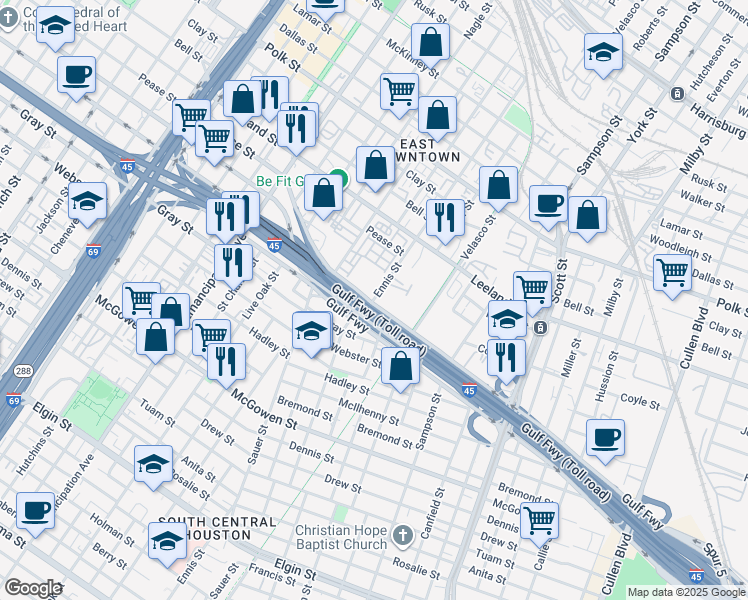 map of restaurants, bars, coffee shops, grocery stores, and more near 1887 Ennis Street in Houston