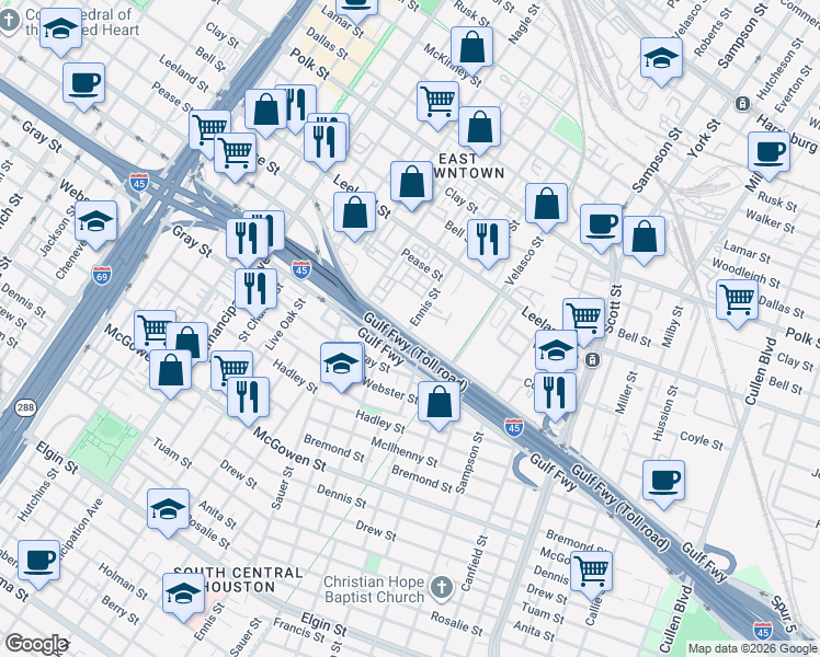 map of restaurants, bars, coffee shops, grocery stores, and more near 2821 Gulf Freeway in Houston