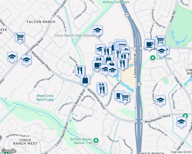 map of restaurants, bars, coffee shops, grocery stores, and more near 24033 Cinco Ranch Boulevard in Katy
