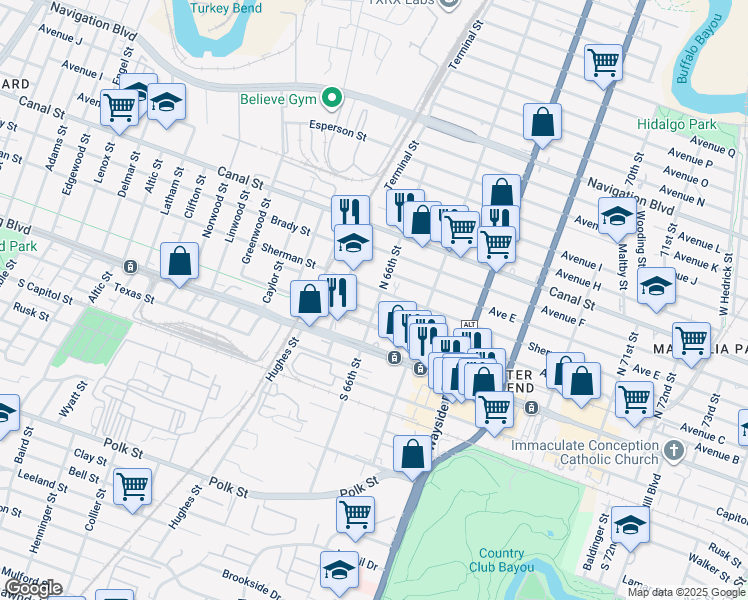 map of restaurants, bars, coffee shops, grocery stores, and more near 6513 Sherman Street in Houston