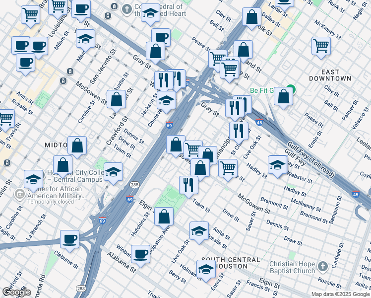 map of restaurants, bars, coffee shops, grocery stores, and more near 2500 Saint Emanuel Street in Houston