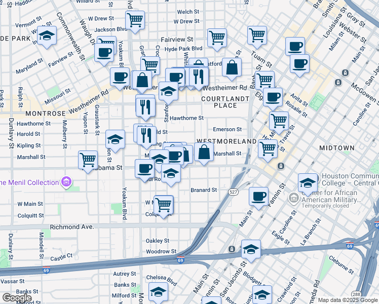 map of restaurants, bars, coffee shops, grocery stores, and more near 3602 Audubon Place in Houston