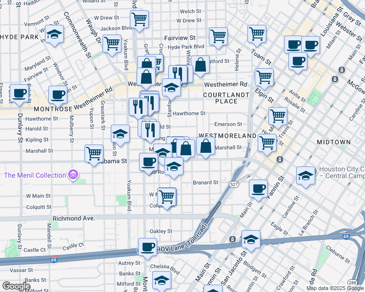 map of restaurants, bars, coffee shops, grocery stores, and more near 615 Kipling Street in Houston