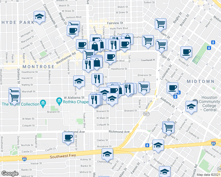 map of restaurants, bars, coffee shops, grocery stores, and more near 615 Kipling Street in Houston