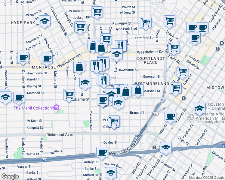 map of restaurants, bars, coffee shops, grocery stores, and more near 815 Kipling Street in Houston