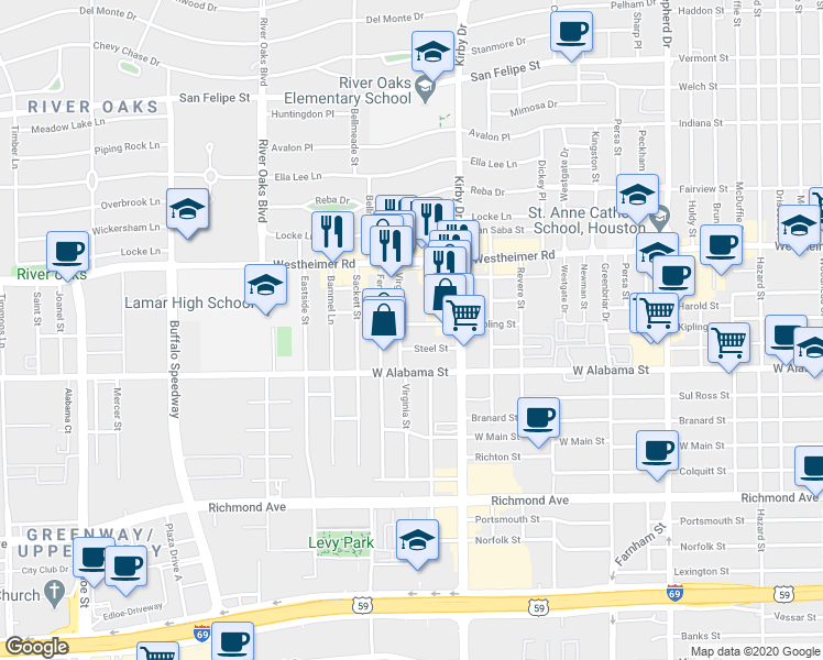 map of restaurants, bars, coffee shops, grocery stores, and more near 2915 Virginia Street in Houston