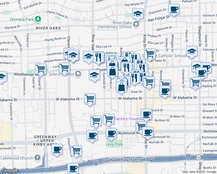 map of restaurants, bars, coffee shops, grocery stores, and more near 2828 Bammel Lane in Houston