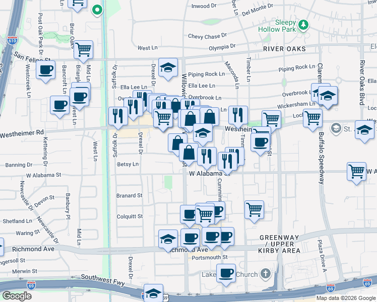 map of restaurants, bars, coffee shops, grocery stores, and more near 2624 Weslayan Street in Houston