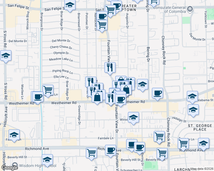 map of restaurants, bars, coffee shops, grocery stores, and more near 2640 Fountain View Drive in Houston