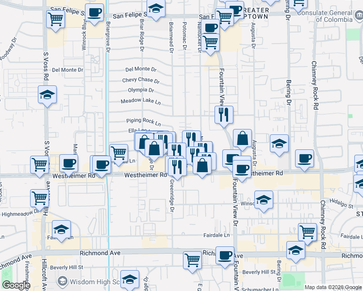 map of restaurants, bars, coffee shops, grocery stores, and more near 2505 Potomac Drive in Houston
