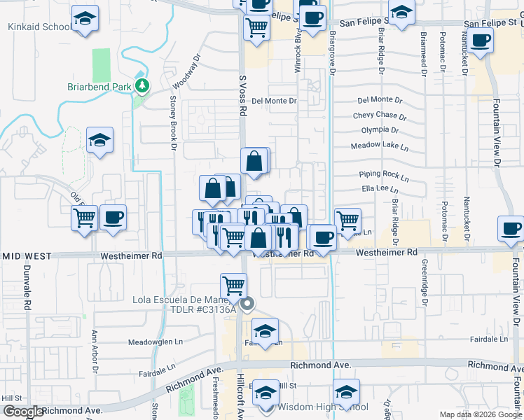 map of restaurants, bars, coffee shops, grocery stores, and more near 2505 South Voss Road in Houston