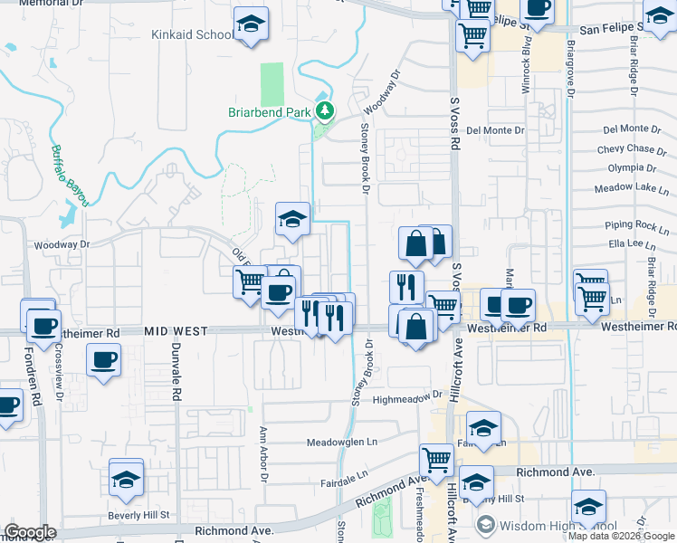 map of restaurants, bars, coffee shops, grocery stores, and more near 7900 Westheimer Road in Houston