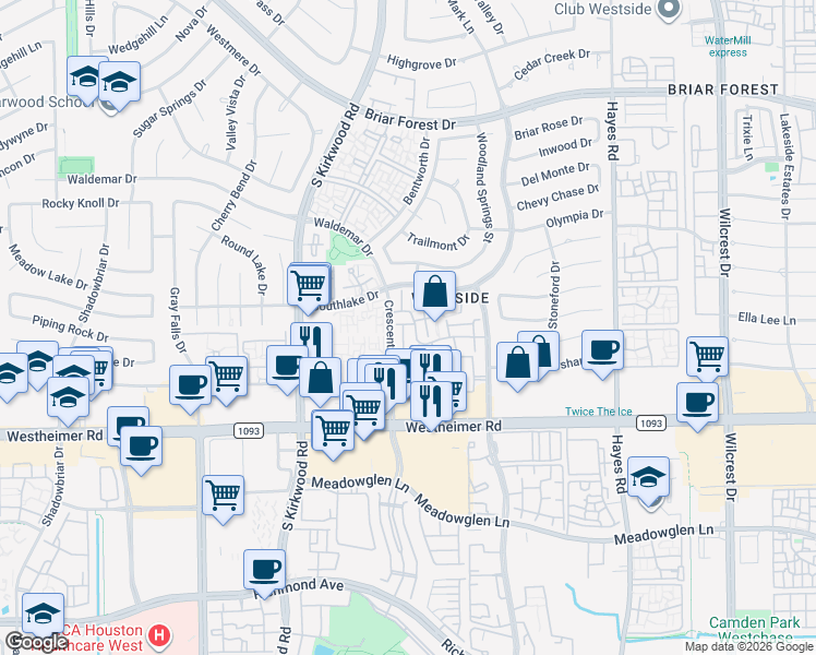 map of restaurants, bars, coffee shops, grocery stores, and more near 11635 Village Place Drive in Houston