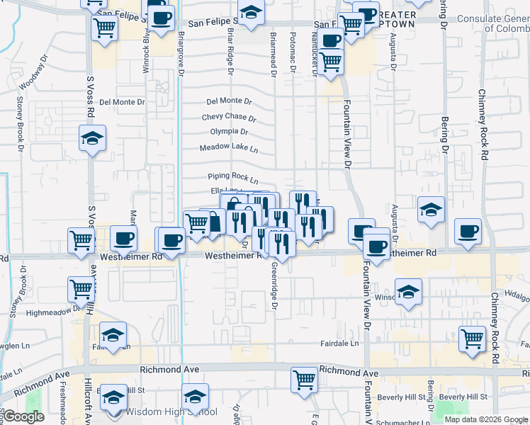 map of restaurants, bars, coffee shops, grocery stores, and more near 6127 Ella Lee Lane in Houston