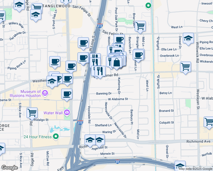 map of restaurants, bars, coffee shops, grocery stores, and more near 4635 Bryn Mawr Lane in Houston