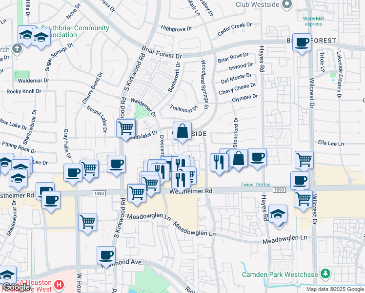 map of restaurants, bars, coffee shops, grocery stores, and more near 11630 Lakeside Park Drive in Houston