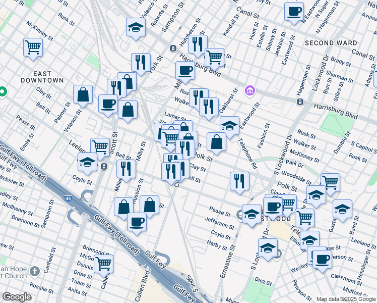 map of restaurants, bars, coffee shops, grocery stores, and more near Cullen Blvd & Polk St in Houston
