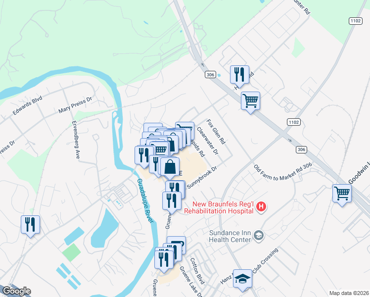 map of restaurants, bars, coffee shops, grocery stores, and more near 1724 Hunter Road in New Braunfels