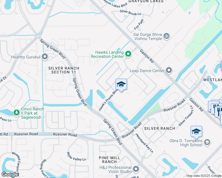 map of restaurants, bars, coffee shops, grocery stores, and more near 26803 Grey Peregrine Drive in Katy