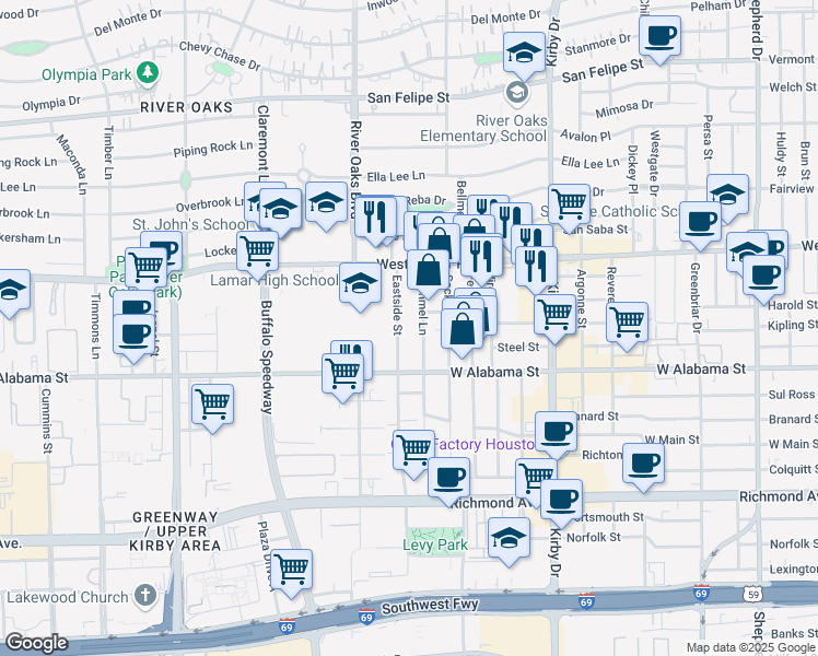 map of restaurants, bars, coffee shops, grocery stores, and more near 2828 Bammel Lane in Houston