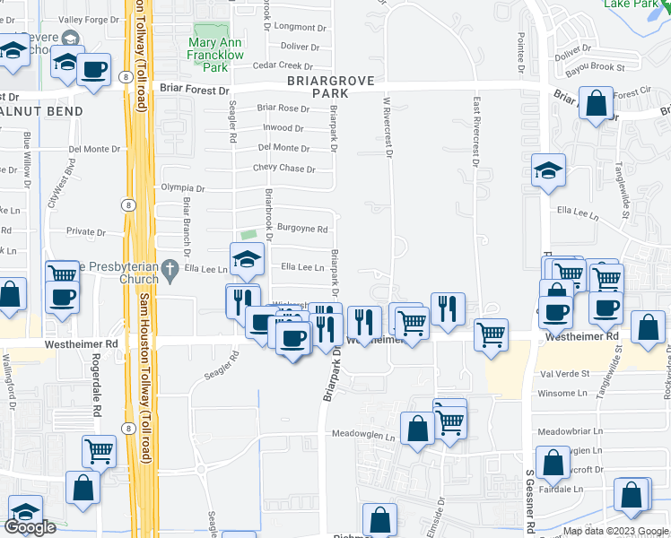 map of restaurants, bars, coffee shops, grocery stores, and more near Ella Lee Lane in Houston