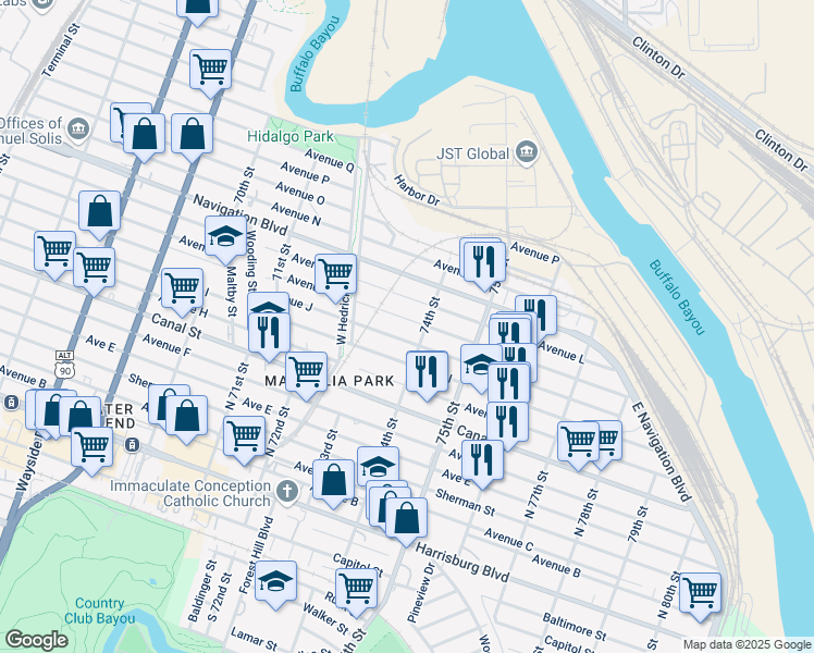 map of restaurants, bars, coffee shops, grocery stores, and more near 7331 Avenue K in Houston