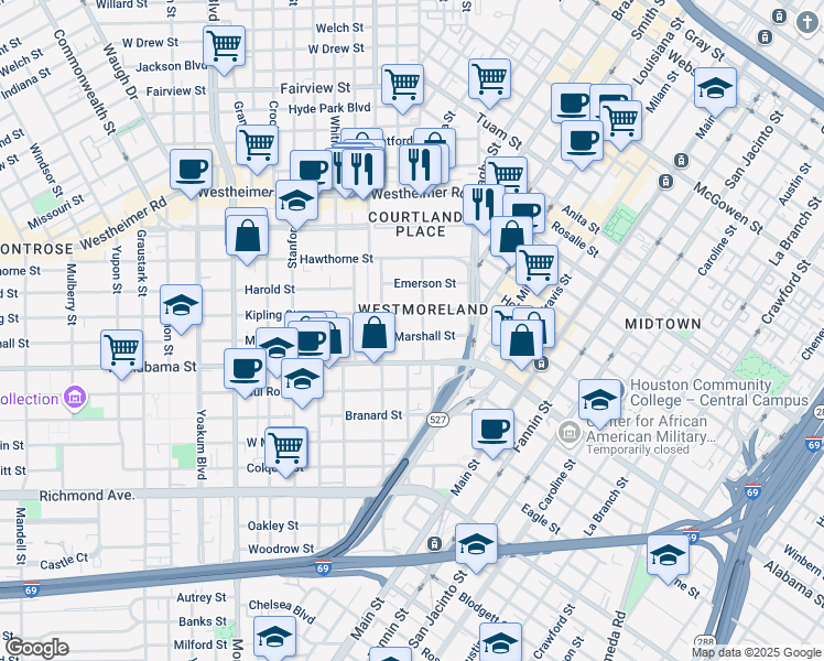 map of restaurants, bars, coffee shops, grocery stores, and more near 208 Westmoreland Street in Houston