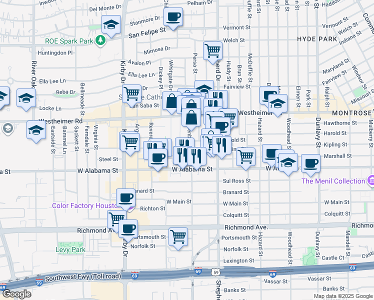 map of restaurants, bars, coffee shops, grocery stores, and more near 2828 Greenbriar Drive in Houston