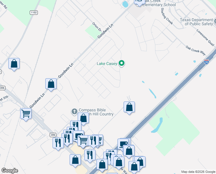 map of restaurants, bars, coffee shops, grocery stores, and more near 349 North Shore Trail in New Braunfels