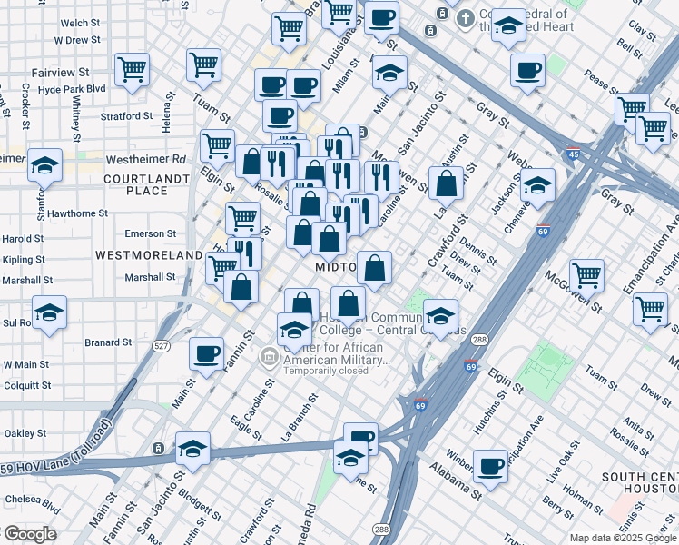 map of restaurants, bars, coffee shops, grocery stores, and more near in Houston