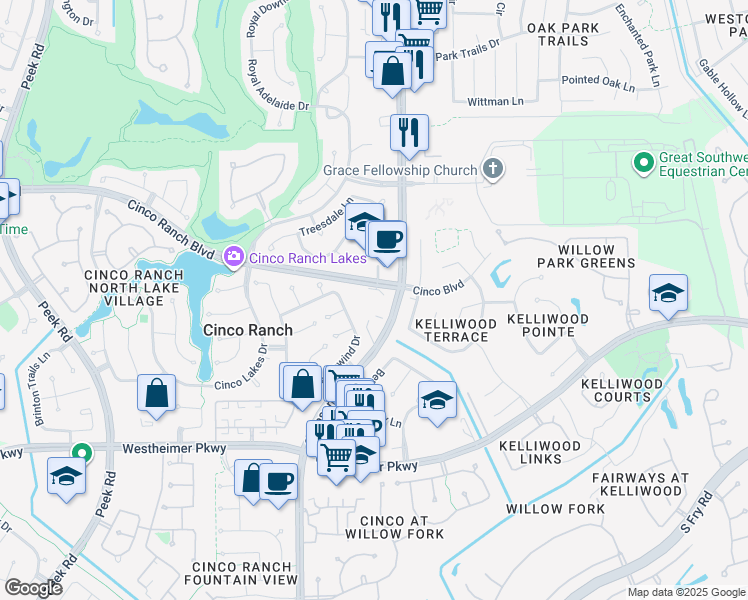 map of restaurants, bars, coffee shops, grocery stores, and more near 21939 Cinco Ranch Boulevard in Katy