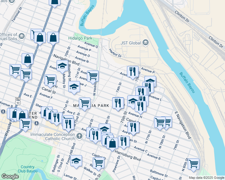 map of restaurants, bars, coffee shops, grocery stores, and more near 7331 Avenue K in Houston