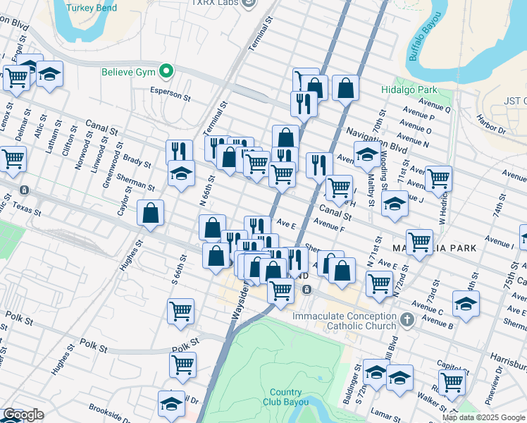map of restaurants, bars, coffee shops, grocery stores, and more near 6734 Avenue F in Houston