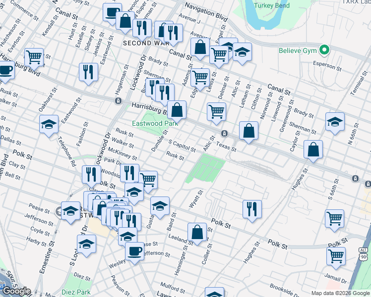map of restaurants, bars, coffee shops, grocery stores, and more near 597 Lenox Street in Houston