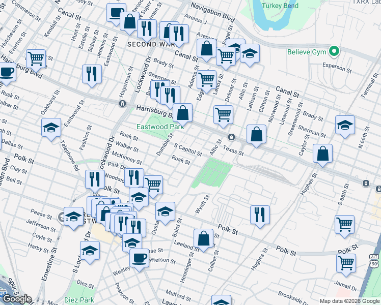 map of restaurants, bars, coffee shops, grocery stores, and more near 597 Lenox Street in Houston