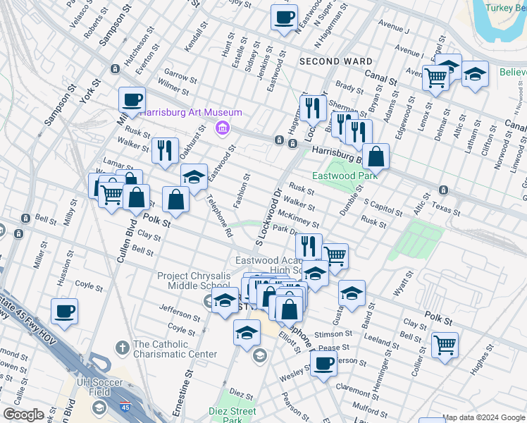 map of restaurants, bars, coffee shops, grocery stores, and more near 4539 McKinney Street in Houston