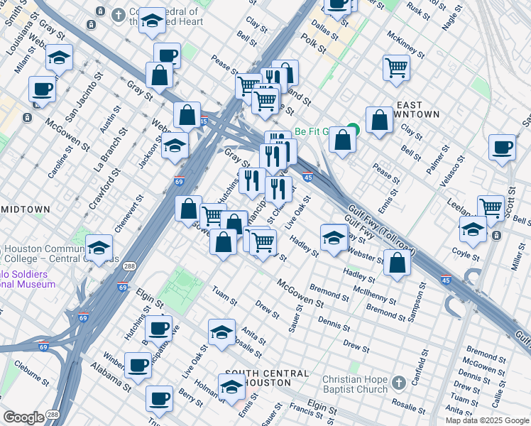 map of restaurants, bars, coffee shops, grocery stores, and more near 2120 Saint Charles Street in Houston