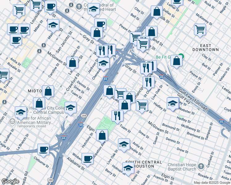 map of restaurants, bars, coffee shops, grocery stores, and more near 2500 Saint Emanuel Street in Houston