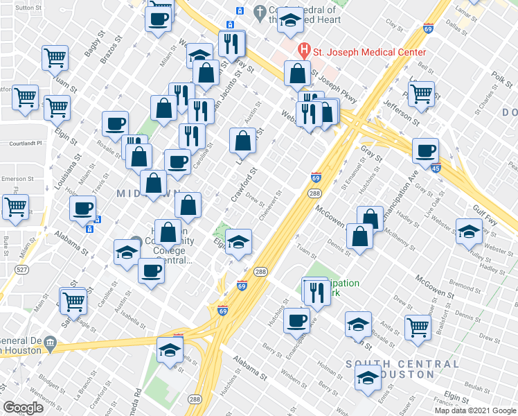 map of restaurants, bars, coffee shops, grocery stores, and more near 1620 Drew Street in Houston
