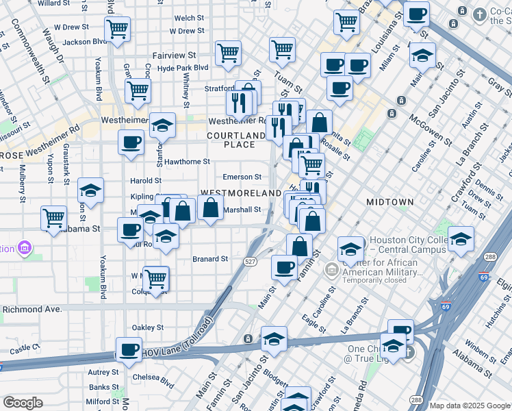 map of restaurants, bars, coffee shops, grocery stores, and more near 400 Westmoreland Street in Houston