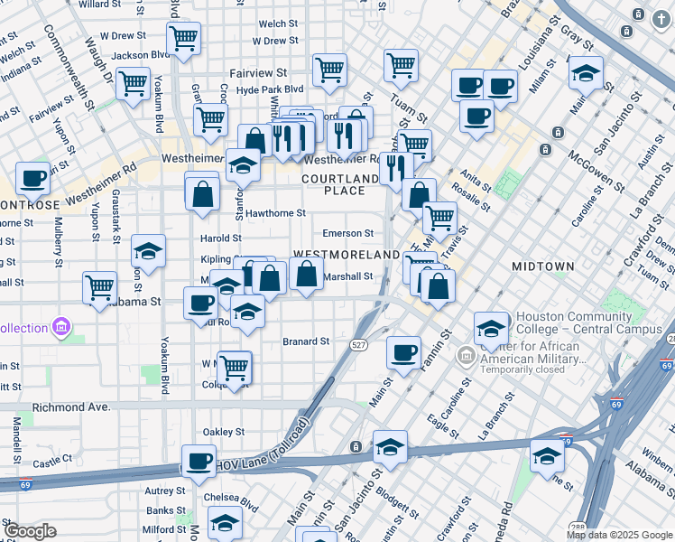 map of restaurants, bars, coffee shops, grocery stores, and more near 208 Westmoreland Street in Houston