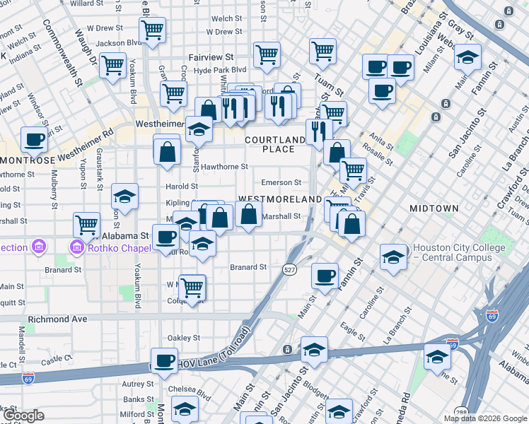 map of restaurants, bars, coffee shops, grocery stores, and more near 208 Westmoreland Street in Houston
