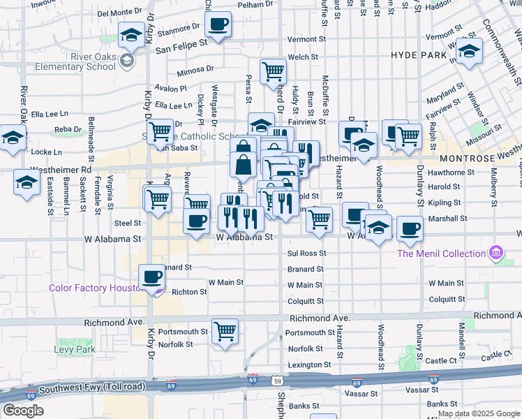 map of restaurants, bars, coffee shops, grocery stores, and more near 2127 Harold Street in Houston