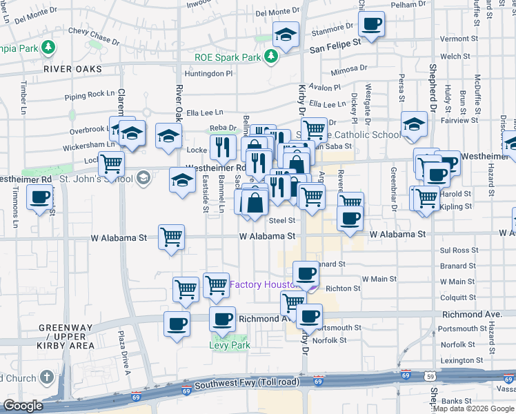 map of restaurants, bars, coffee shops, grocery stores, and more near 2915 Virginia Street in Houston