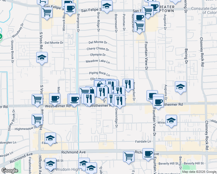 map of restaurants, bars, coffee shops, grocery stores, and more near 6147 Ella Lee Lane in Houston
