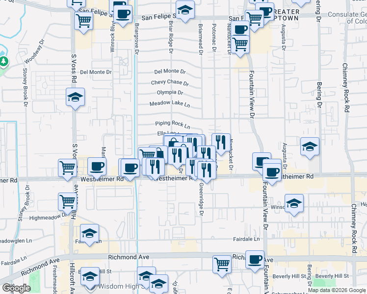 map of restaurants, bars, coffee shops, grocery stores, and more near 6147 Ella Lee Lane in Houston