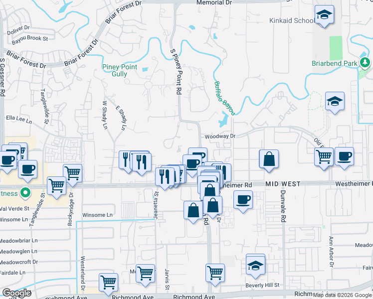 map of restaurants, bars, coffee shops, grocery stores, and more near 2450 Fondren Road in Houston