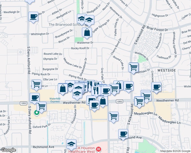 map of restaurants, bars, coffee shops, grocery stores, and more near 12114 Burgoyne Drive in Houston
