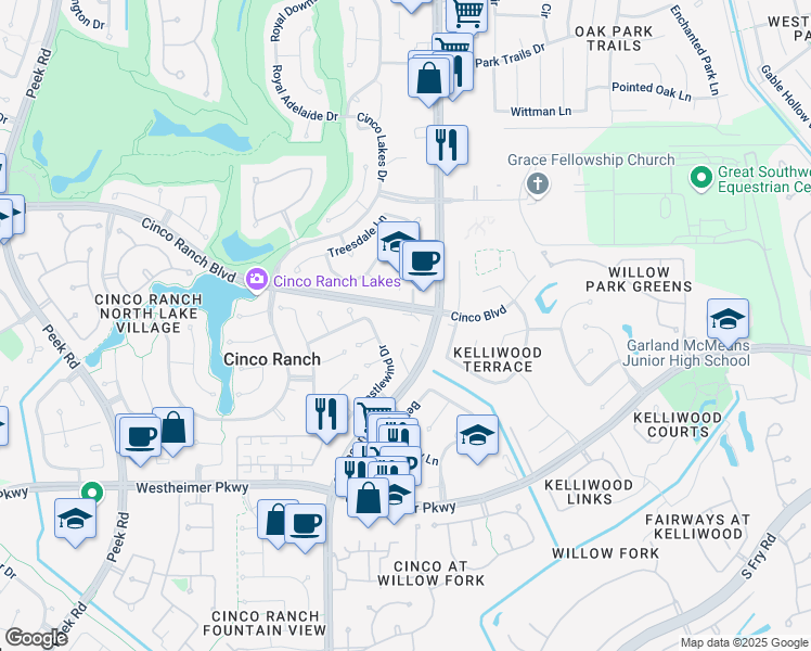 map of restaurants, bars, coffee shops, grocery stores, and more near 21950 Cinco Ranch Boulevard in Katy